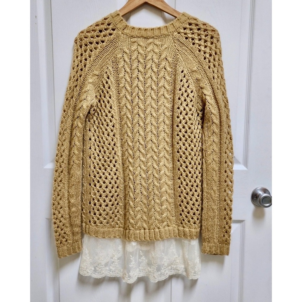Pol Cable Open Knit Yellow Sweater Floral Lace Hem Raglan Sleeve Oversized S - Picture 2 of 13